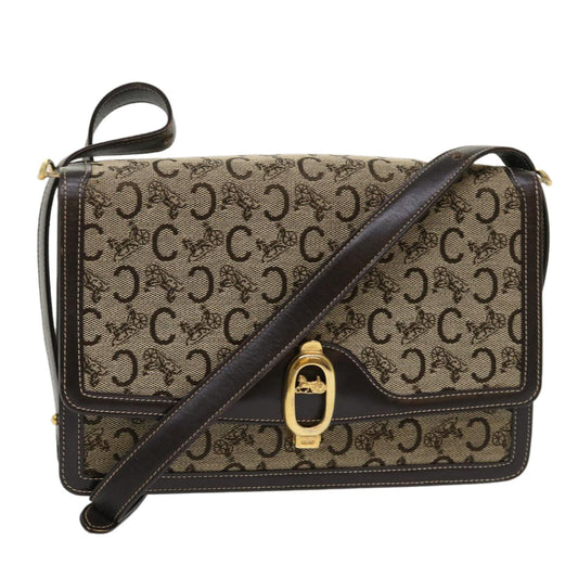 Luxury CELINE C Macadam Canvas Shoulder Bag Canvas Leather Beige Dark Brown  6694