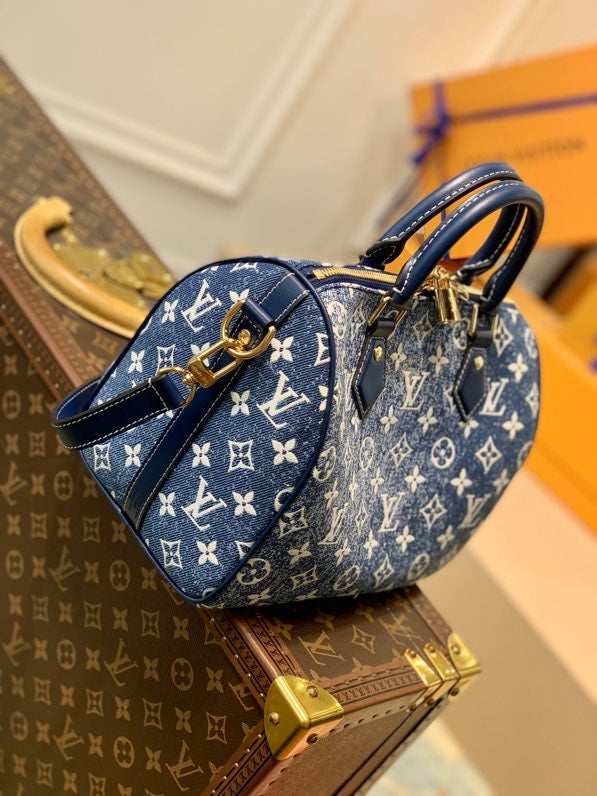 Top Quality Speedy Bandouliere 25 Monogram Denim Jacquard Navy Blue For Women, WoHandbags 9.8in/25cm Top Quality M59609