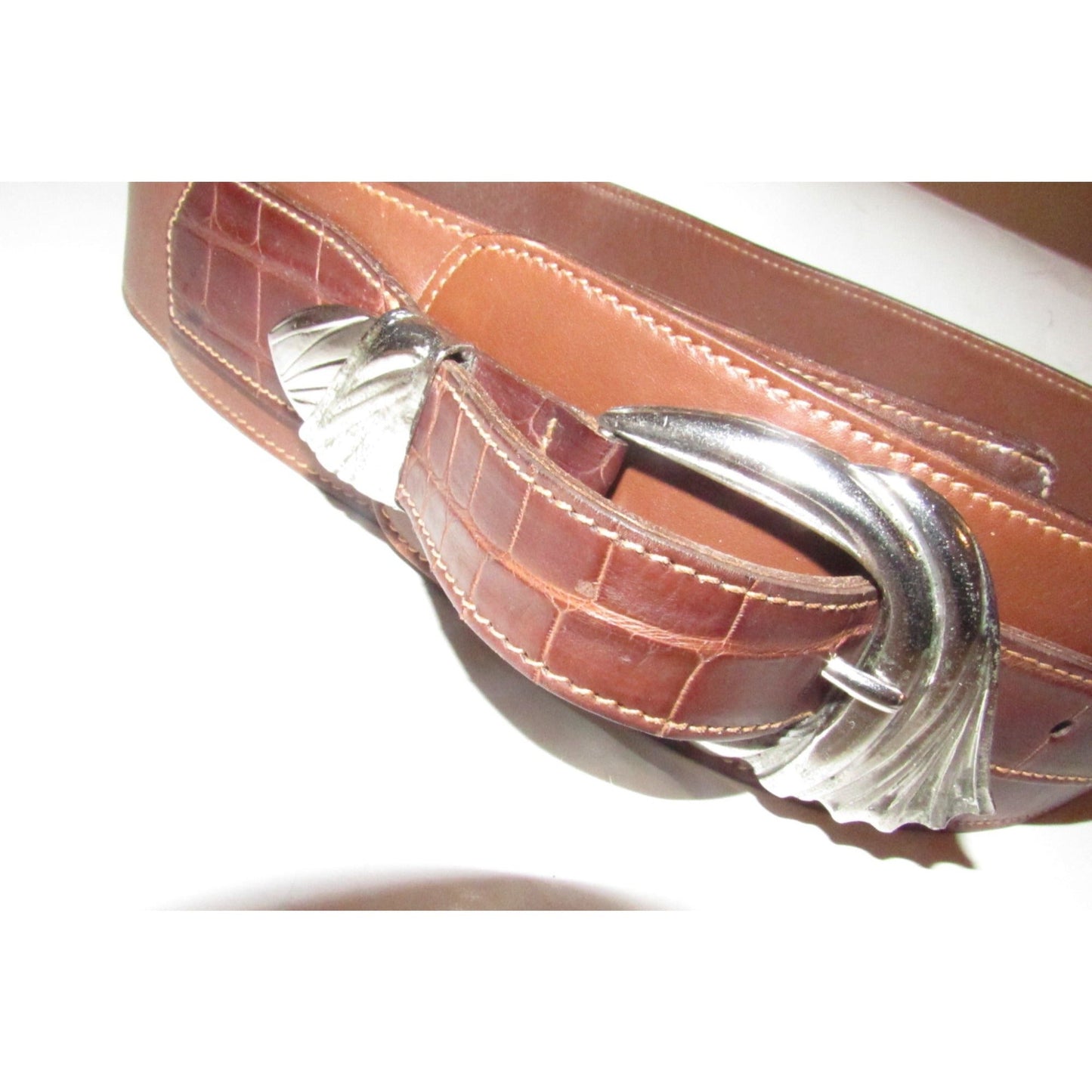 Gucci, wide, asymmetrical, brown crocodile & smooth leather belt with sterling silver hardware