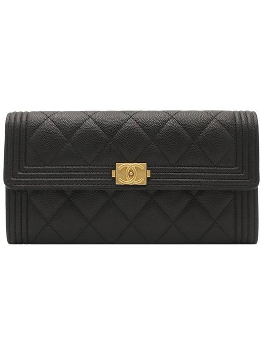 Black Caviar Gold Boy Long Flap Wallet A80286 Chanel