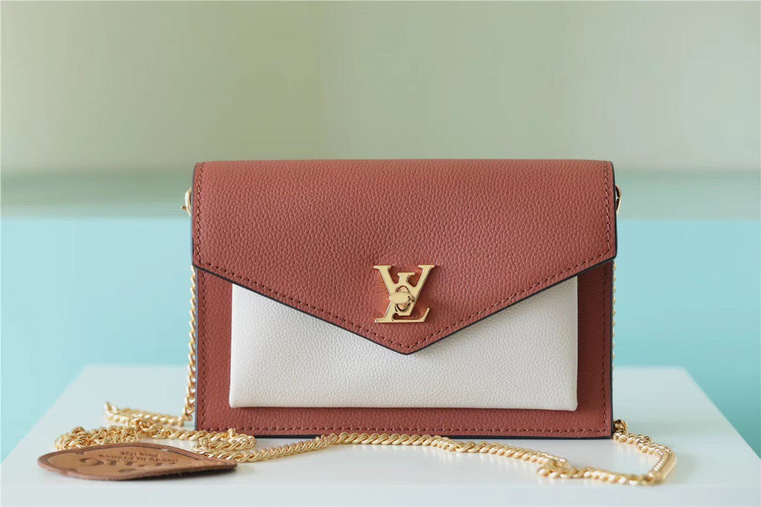 Top Quality Mylockme Chain Pochette Brown / Quartz White For Women,  Shoulder and Crossbody Bags 7.5in/19cm Top Quality 