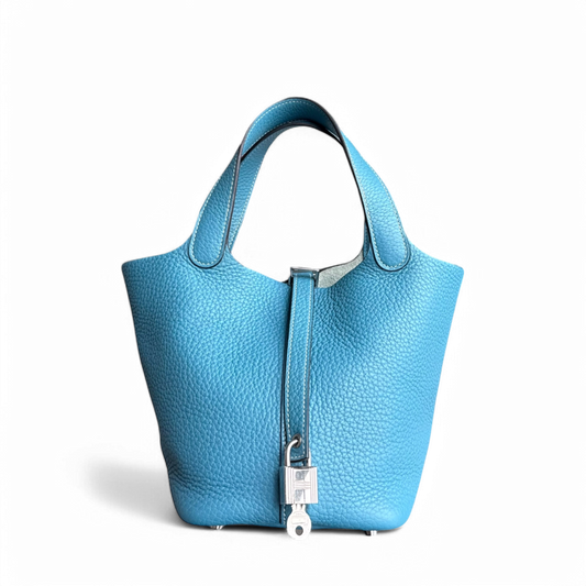 Hermes Picotin 18 - New Blue Jean Mauve Pale Square T TC Clemence Silver Hardware