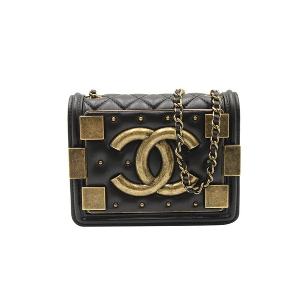 CHANEL Classic Studded Boy Brick Flap Bag in Black Lambskin Leather