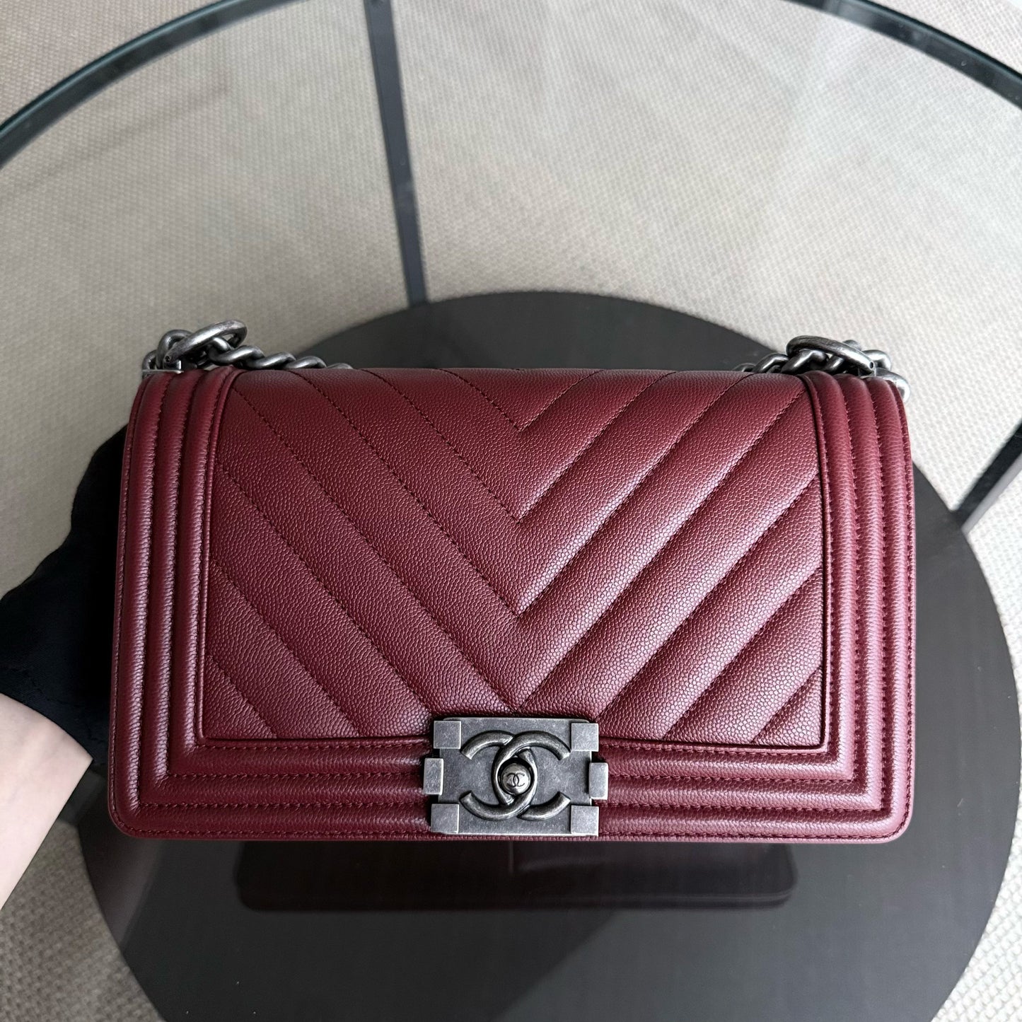 Chanel Boy Medium - Caviar 25CM Chevron Dark Red Burgundy Ruthenium Silver Hardware Series 24