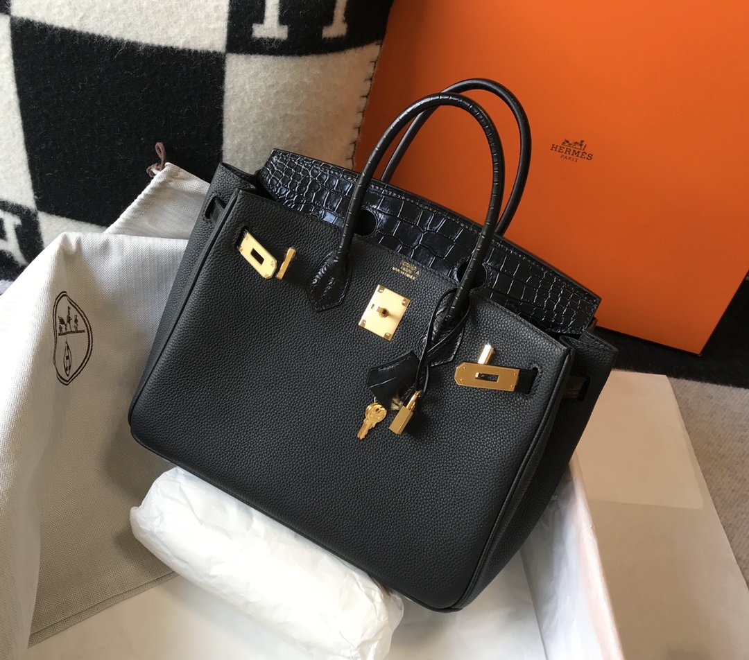Top Quality Birkin Black For Women Gold Toned Hardware 11.8in/30cm