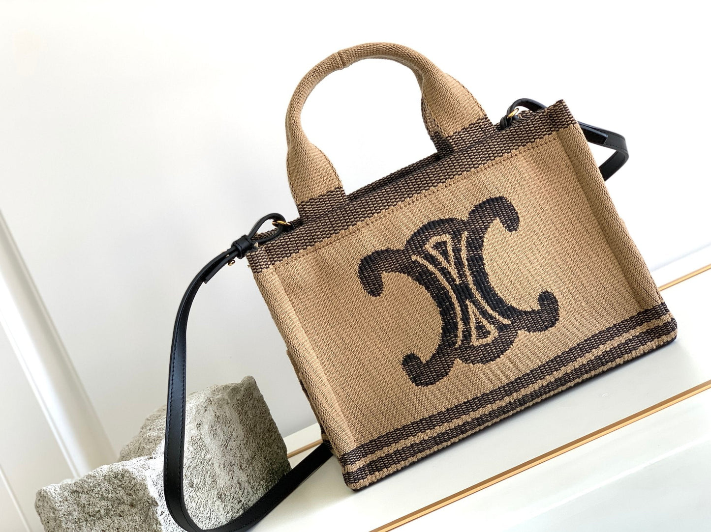Top Quality Small Cabas Thais In Textile With Triomphe Beige/Black For Women 11in/29cm 199162EGH.02BL
