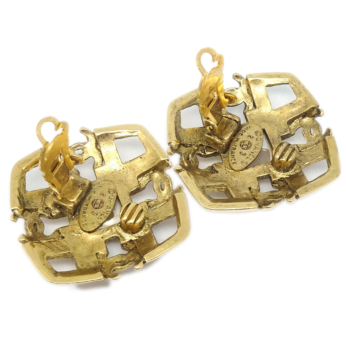 CHANEL 1993 Diamond Faux Pearl Earrings Clip-On Gold 23