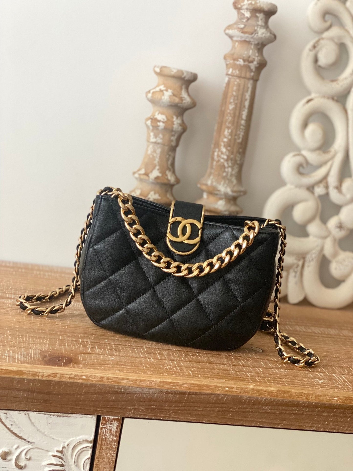 CHLSmall Hobo Bag Gold Hardware Black For Women Handbags, Shoulder Bags 7.5in/19cm