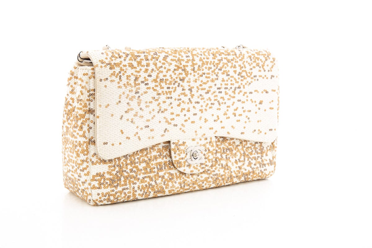 Chanel 2014 Cream Raffia & Gold Sequin Single Flap Large Handbag