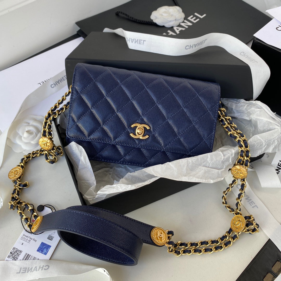 CHLSmall Flap Bag Gold Hardware Navy Blue For Women, Women’s Handbags, Shoulder Bags 7.5in/19cm AP2840