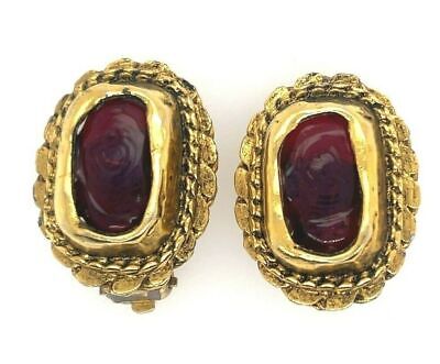 CHANEL -   70s Gripoix Clip On - Gold Tone and Deep Orange Red - Earrings