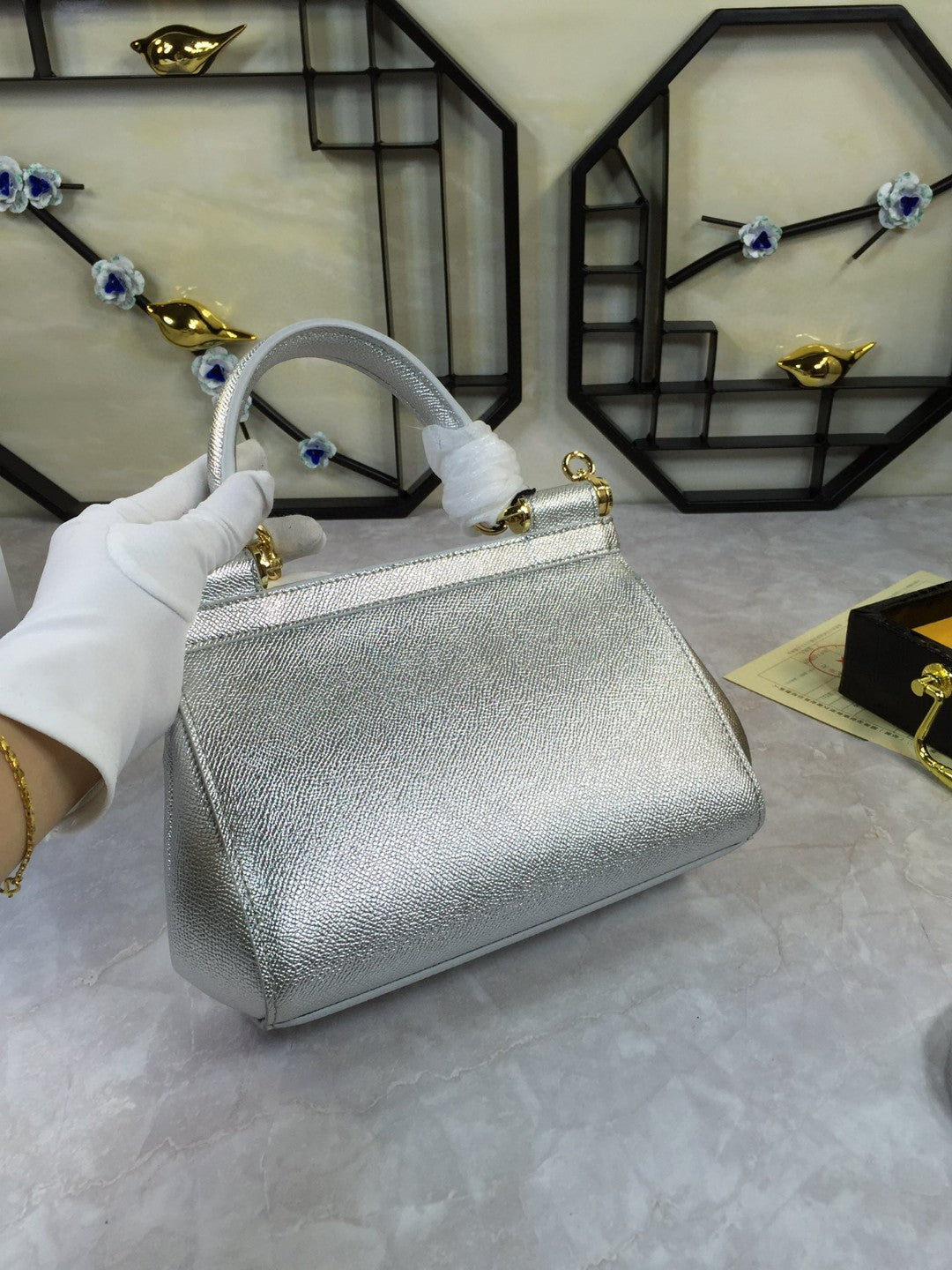 Top Quality MeTop Qualityum Sicily Handbag In Dauphine Silver For Women 10.2in/26cm Top Quality