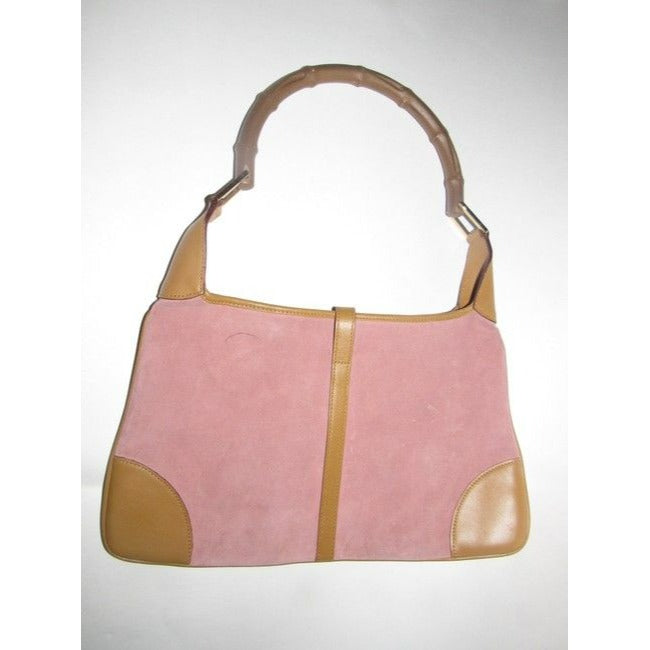 - Gucci Jackie   Pink Suede And Camel Leather With A Bamboo Handle Hobo Bag