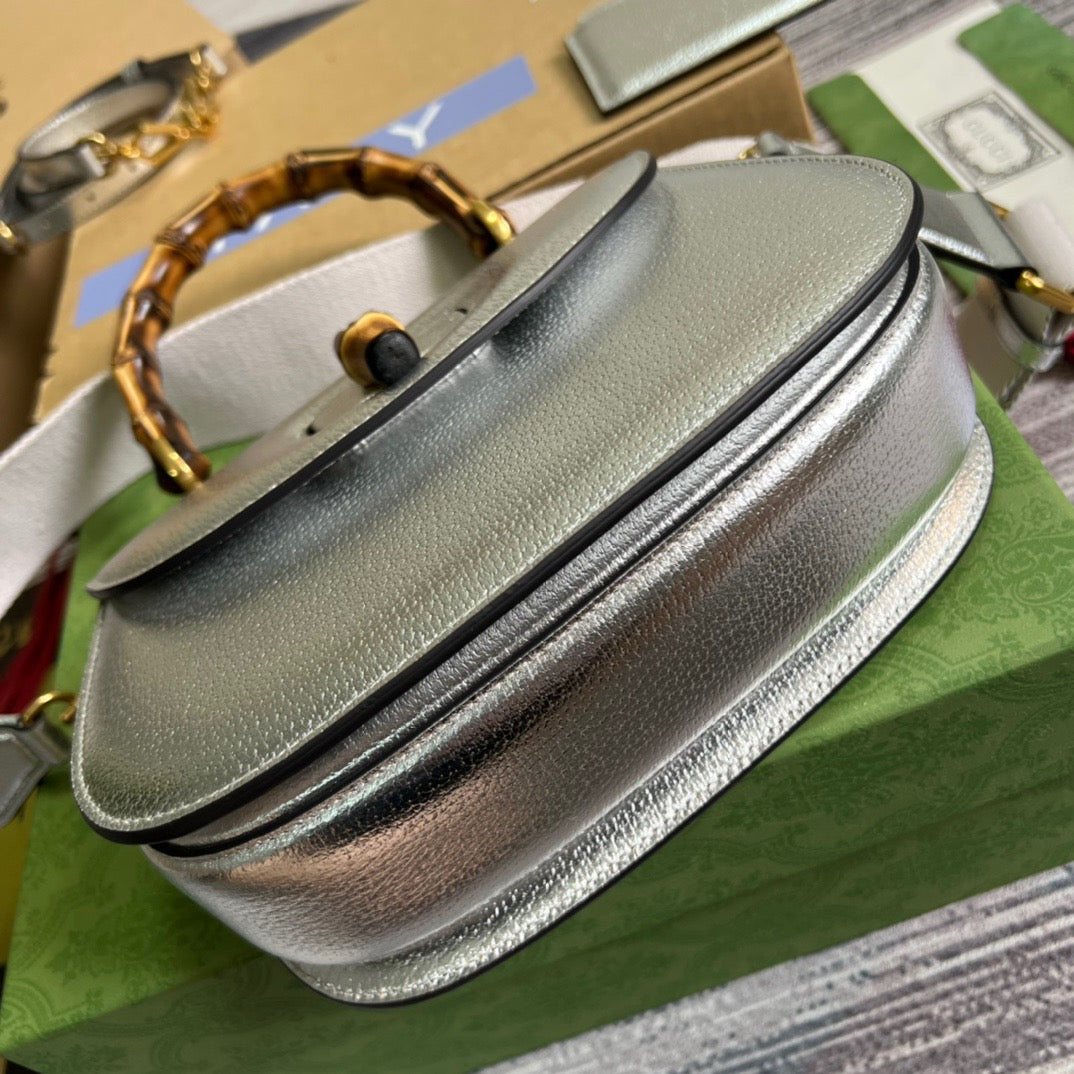 gg Bamboo 1947 Medium Top Handle Bag Silver For Women, Women’s Bags 10in/26cm gg