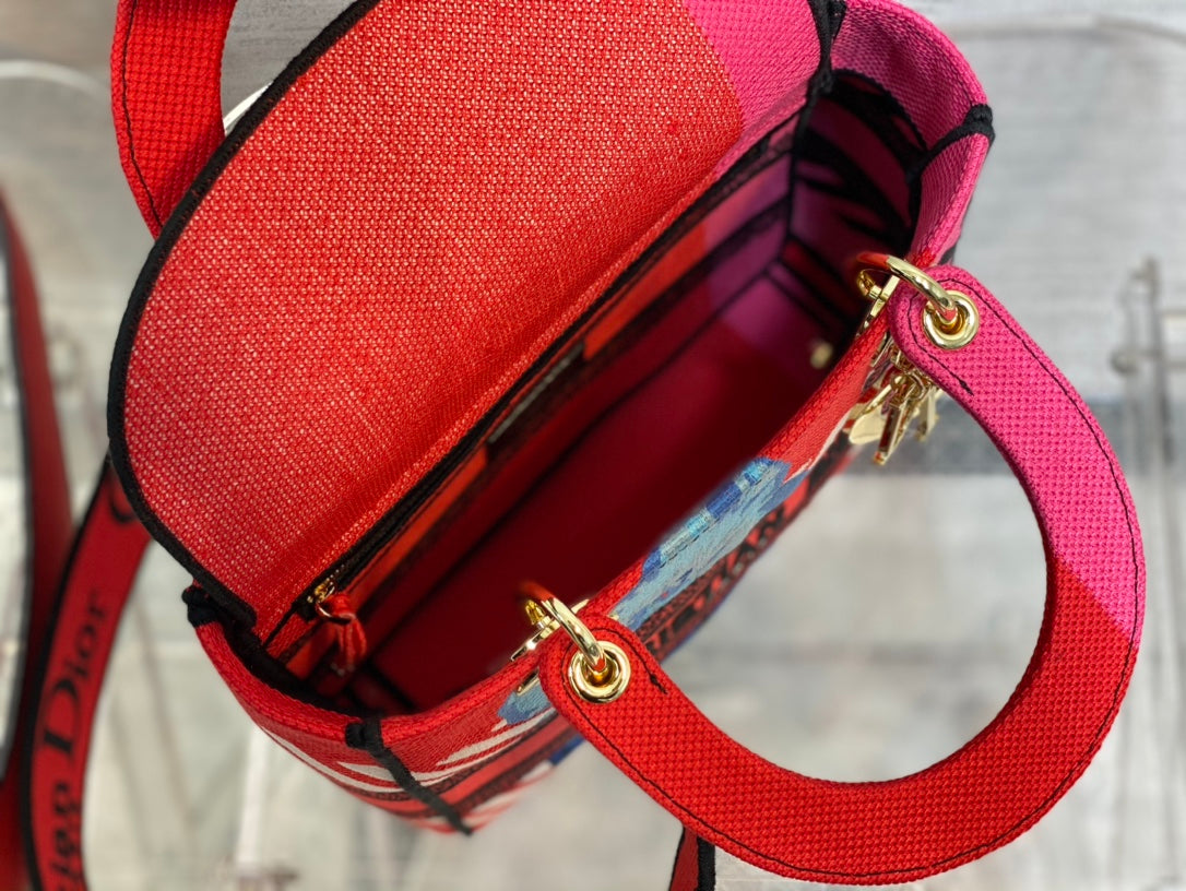 Top Quality MeTop Qualityum Lady D-Lite Bag D-Flower Pop Embroidery, Bright Pink Multicolor Handbags, 24cm CD M0565OROO_M885