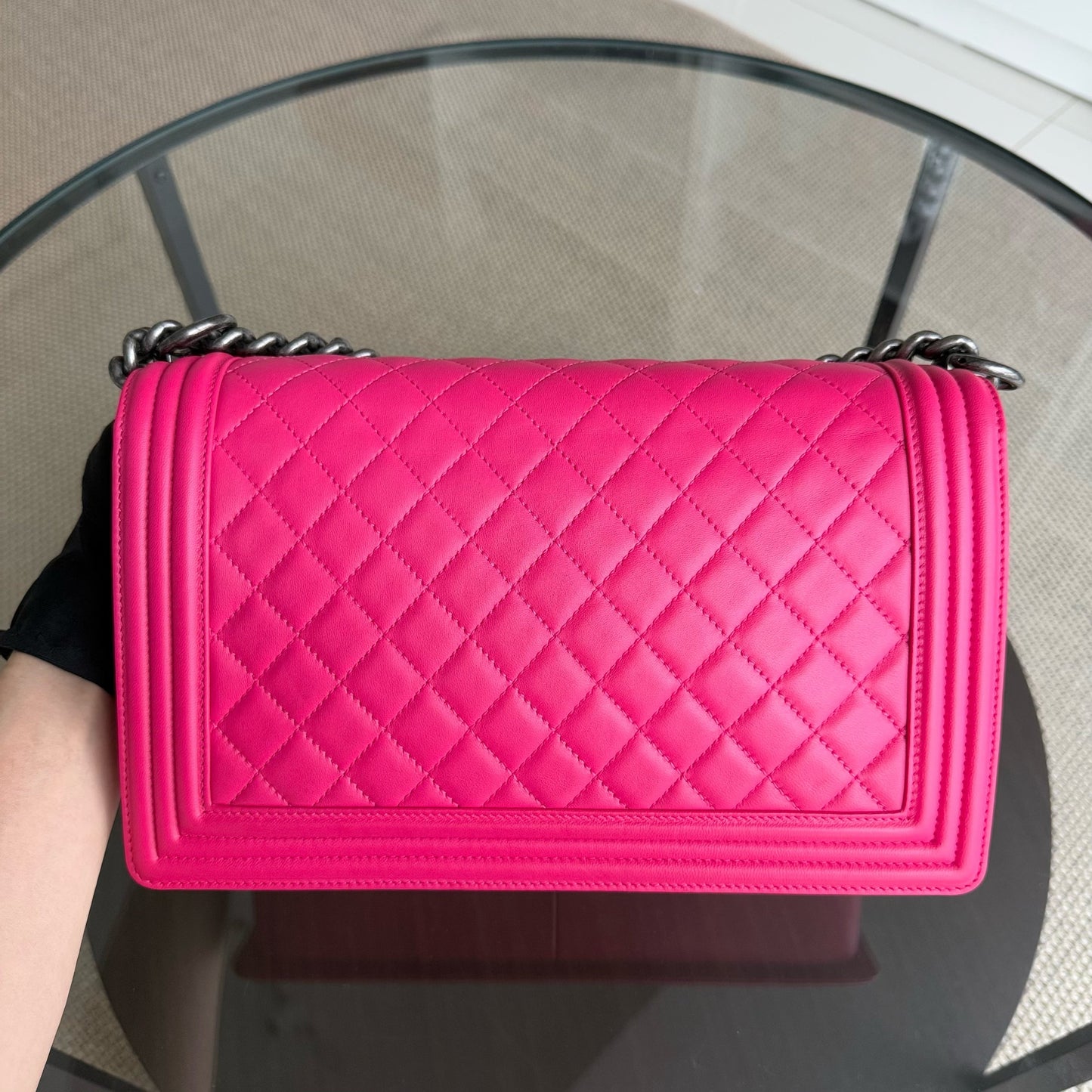 Chanel Boy Medium - 28CM Quilted Lambskin Hot Pink Ruthenium Silver Hardware Series 19