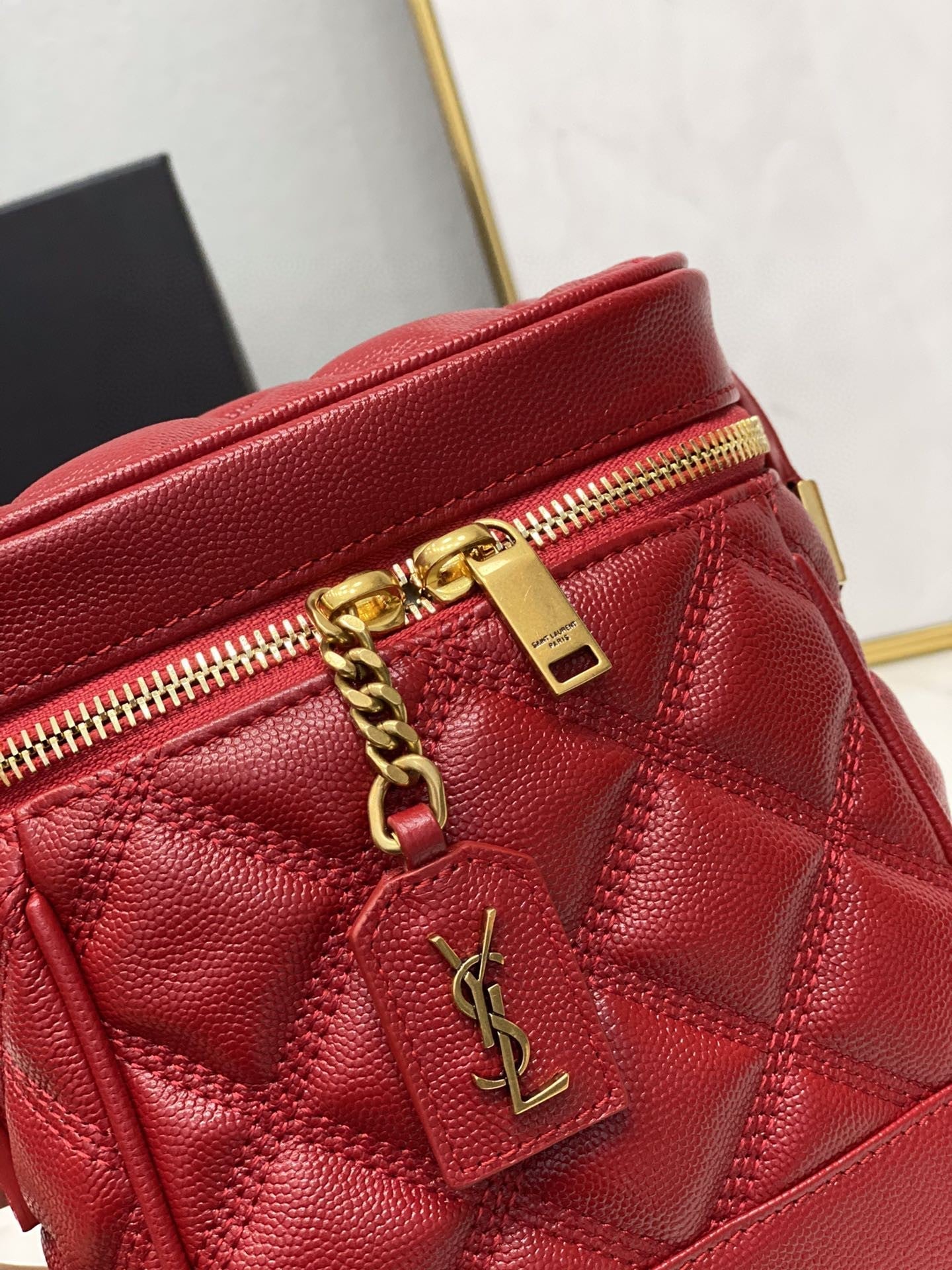 YSSL 80’s Vanity Bag In Carré-Quilted Grain De Poudre Red For Women 6in/16.5cm YSL 649779DME276805