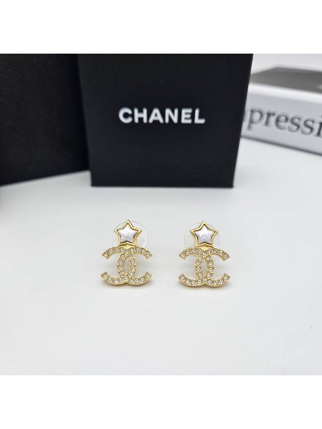 CC Logo Crystal Star Pearl Earrings Gold Chanel