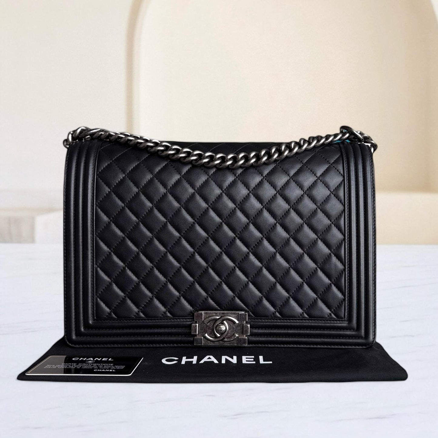 Chanel Boy Large - Quilted Lambskin Black Ruthenium Silver Hardware Series 18