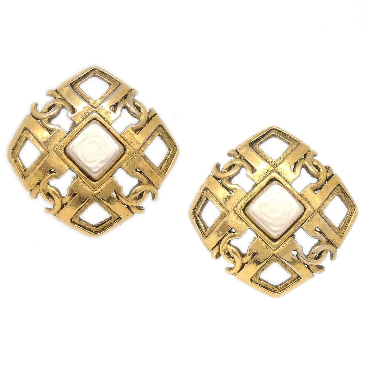 CHANEL 1993 Diamond Faux Pearl Earrings Clip-On Gold 23