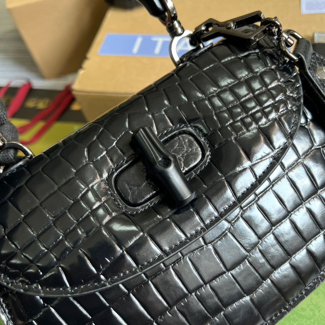 gg Bamboo 1947 Crocodile Top Handle Bag Black For Women, Women’s Bags 10in/26cm gg