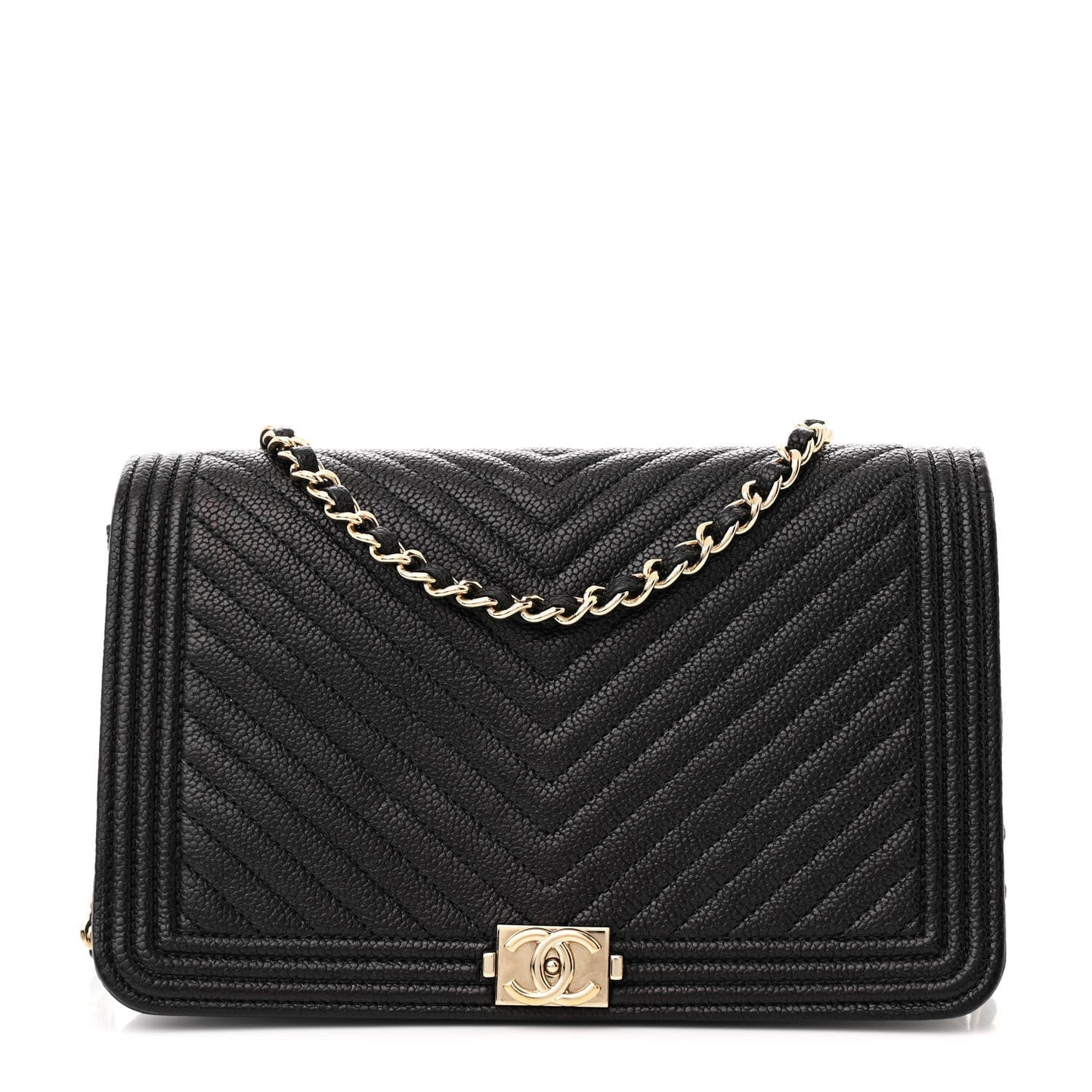 Chanel Caviar Chevron Quilted Boy Wallet On Chain WOC Black