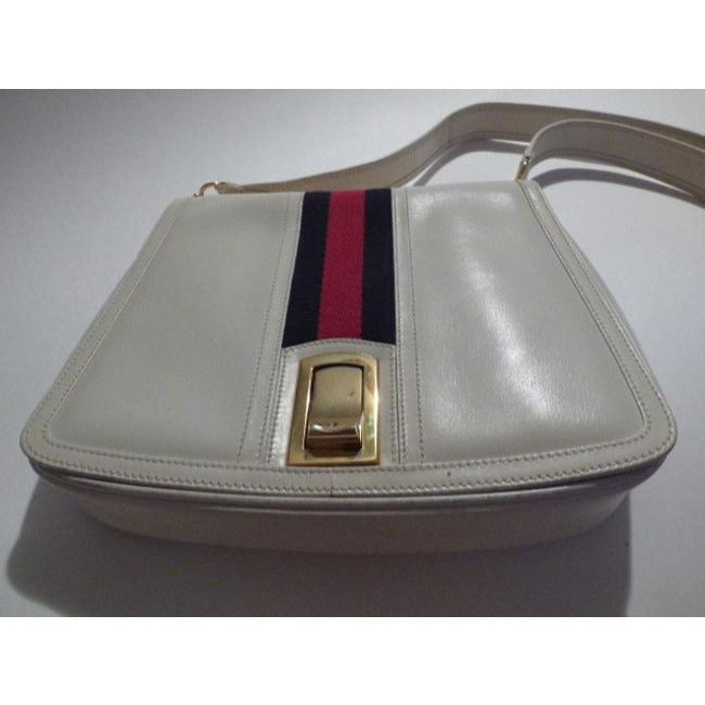 Gucci   White Leather With Wide Red Blue Striped Center Hobo Bag