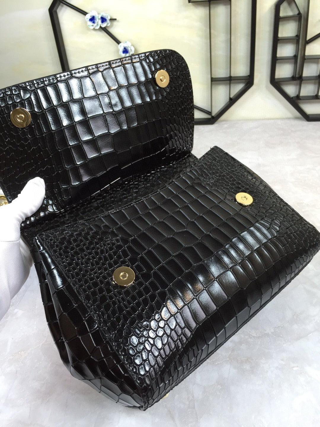 Top Quality Medium Sicily Bag In Foiled Crocodile-Print Black For Women 10.2in/26cm Top Quality