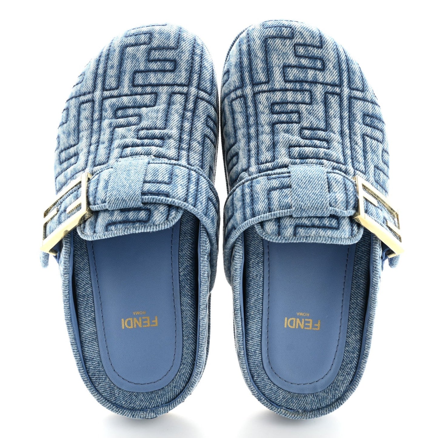 Fendi Denim Jacquard FF Womens Feel Buckled Mules 35 Blue