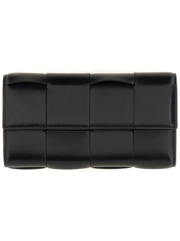 Luxury Bottega Veneta Cassette Flap Leather Long Wallet Black
