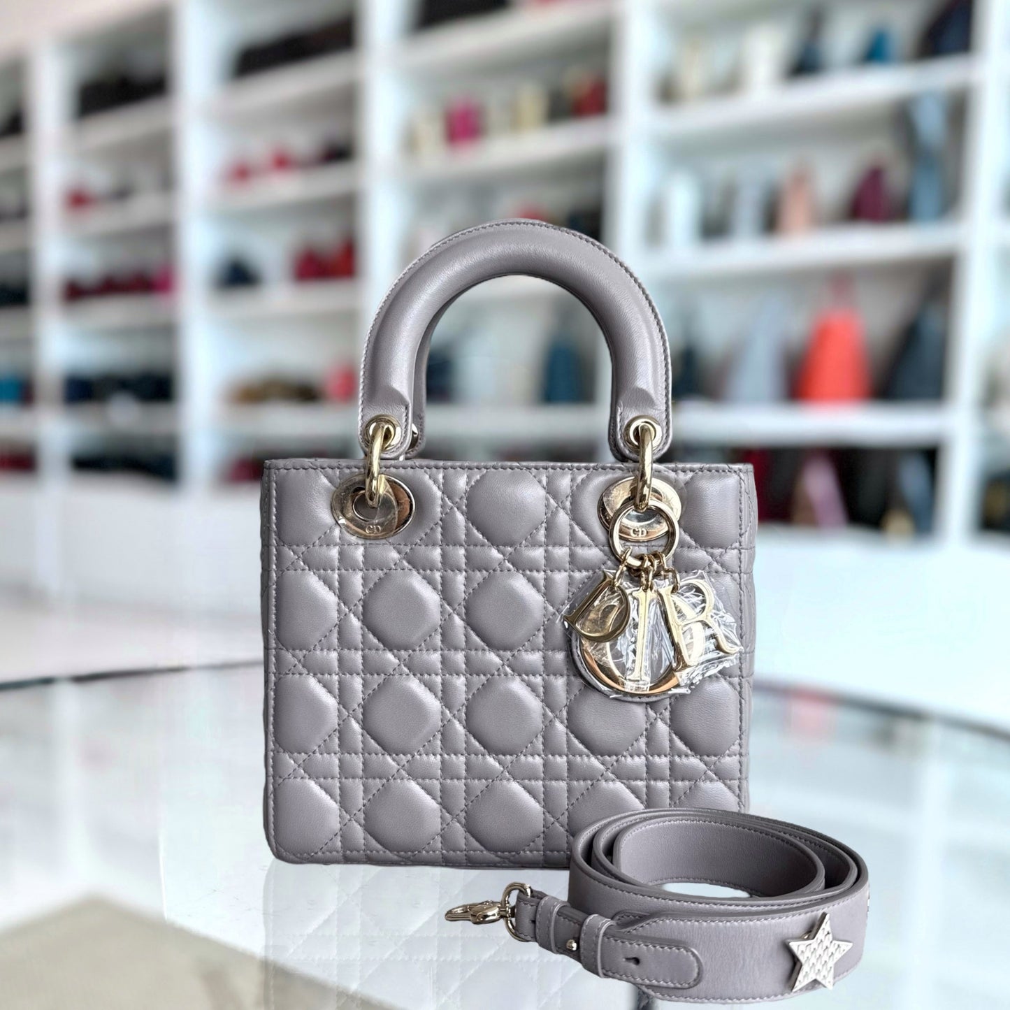 Dior Lady Small - Cannage Lambskin Grey Gray Gold Hardware