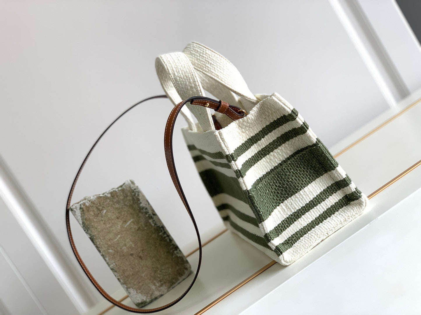 Top Quality Striped Small Triomphe Cabas Thais Nature Green For Women 11.4in/29cm
