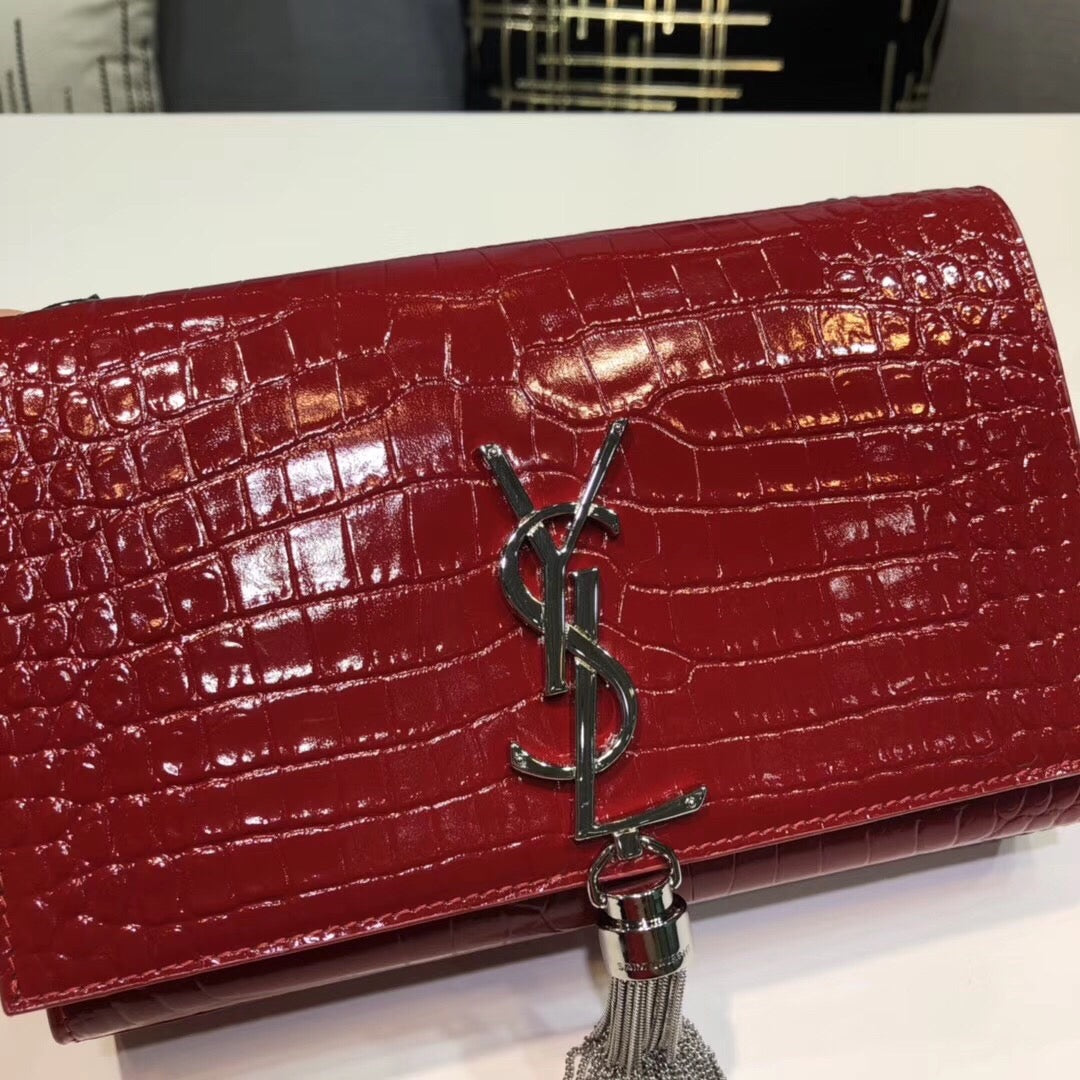Top Quality Kate Small Chain Bag With Tassel In Embossed Burgundy For Women 7.8in/20cm YSL 
