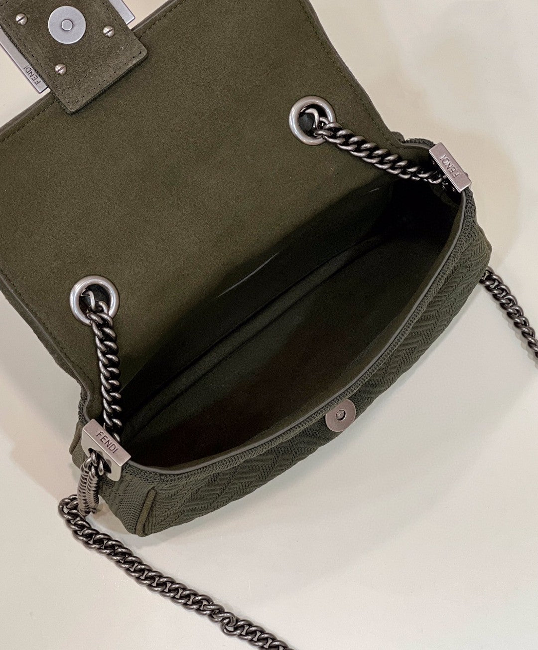 Top QualityTop Quality Baguette Chain Midi Green FF Fabric Bag For Woman 14.5cm/6in 8BR793AHW5F1F2L