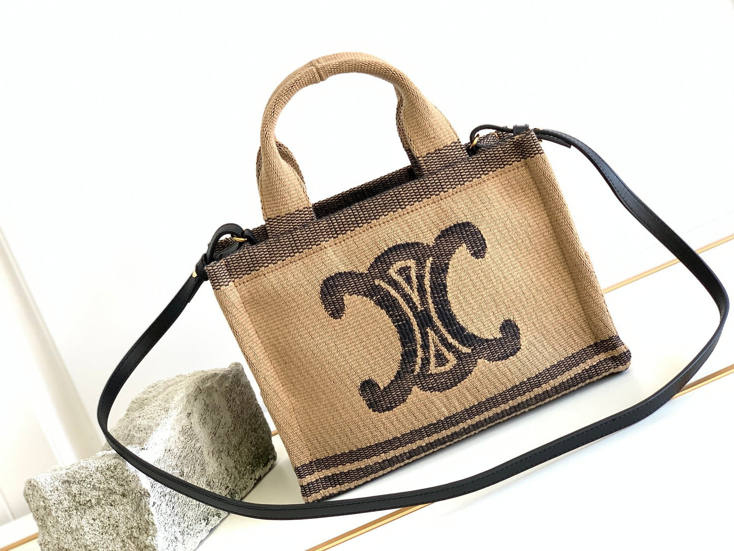 Top Quality Small Cabas Thais In Textile With Triomphe Beige/Black For Women 11in/29cm 199162EGH.02BL