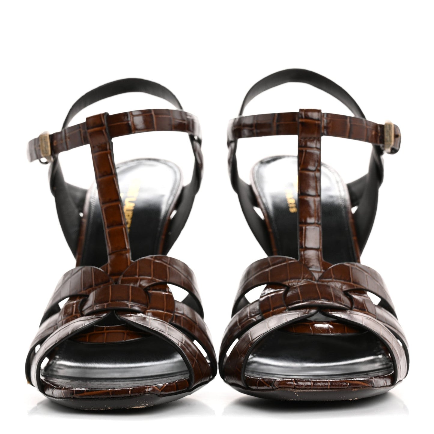 Saint Laurent Calfskin Crocodile Embossed Tribute 105 Sandals 39.5 Moro