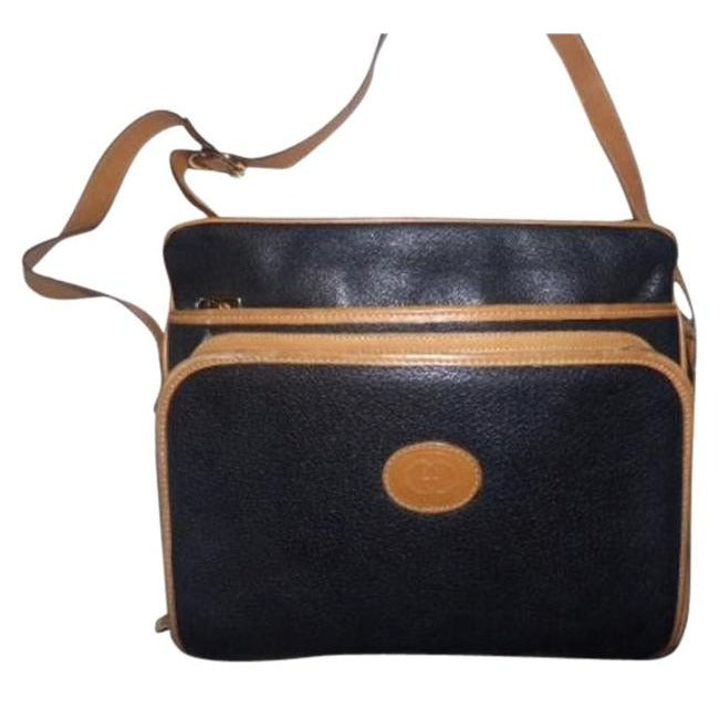 Gucci   Black Textured Leather Smooth Camel Leather Shoulder Bag