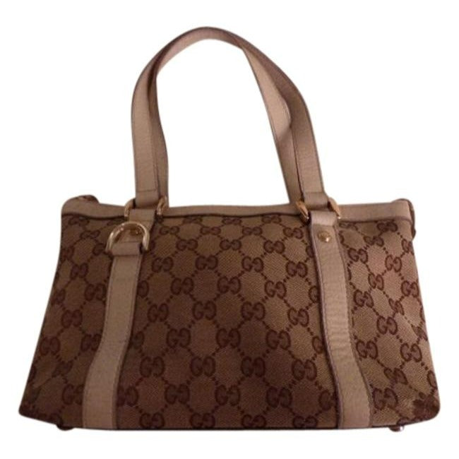 Gucci Abbey   Brown Large Logo Print Canvas And White Leather