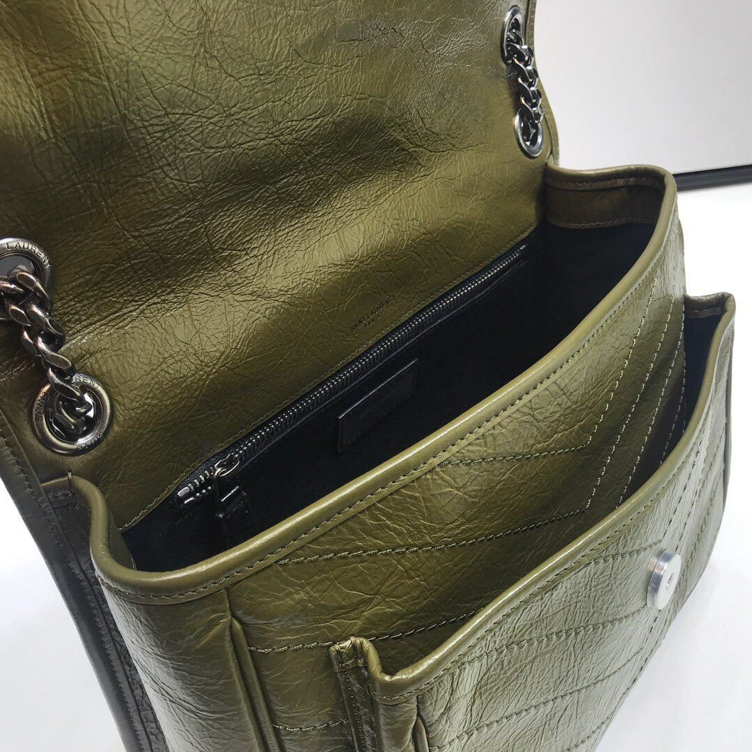 YSSL Niki Medium Chain Bag In Crinkled  Green For Women 11in/28cm YSL 6331581YG041229