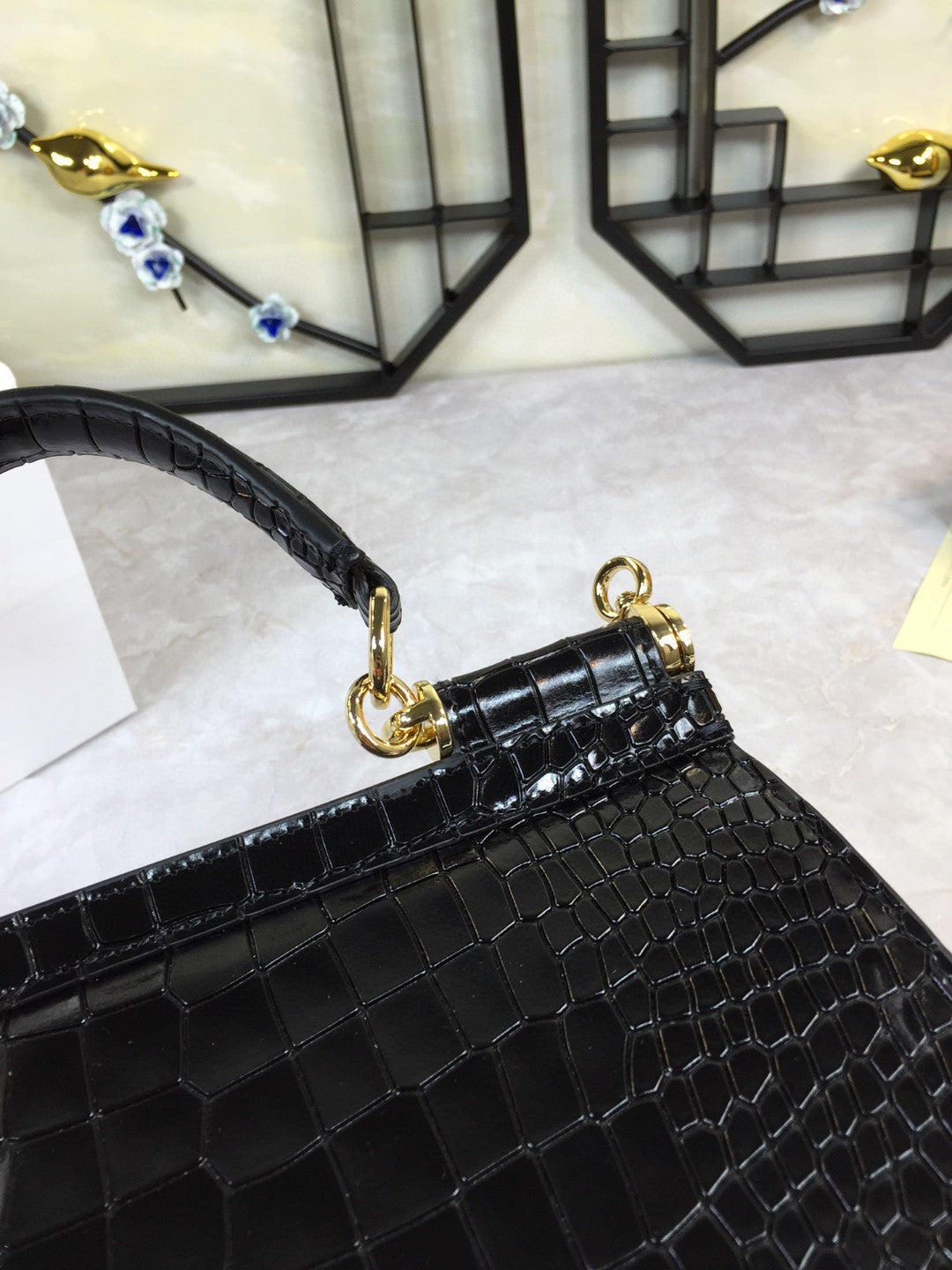 Top Quality Medium Sicily Bag In Foiled Crocodile-Print Black For Women 10.2in/26cm Top Quality