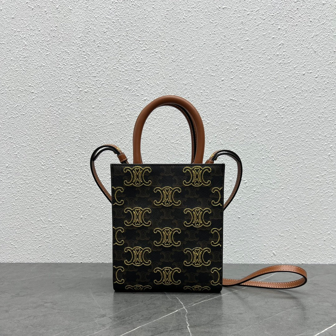 Top Quality Mini Folco In Triomphe Canvas With Triomphe Heart Embroidery Brown For Women 8in/20cm