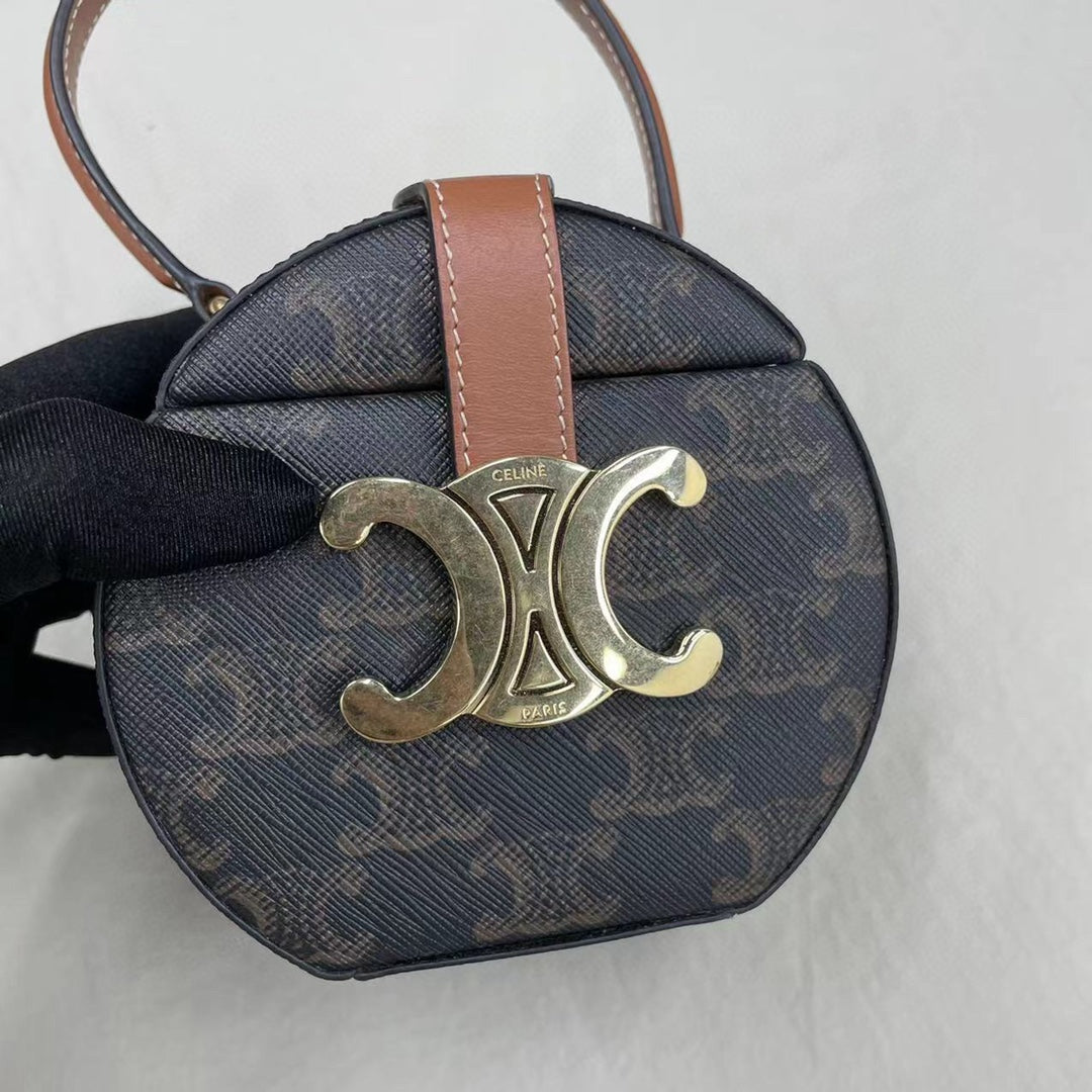 Top Quality Small Round Box Triomphe In Triomphe Canvas Tan For Women 4.5in/11.5cm