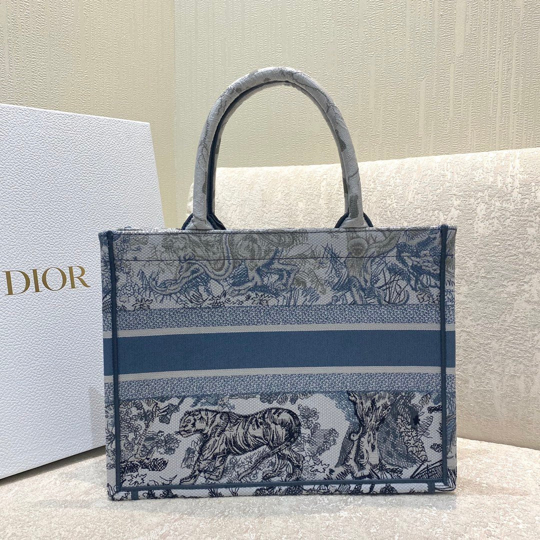Top Quality MeTop Qualityum Book Tote Blue Toile de Jouy Reverse Embroidery, Blue, For Women Womens Handbags, Shoulder Bags, 36cm CD M1296ZRGO_M928