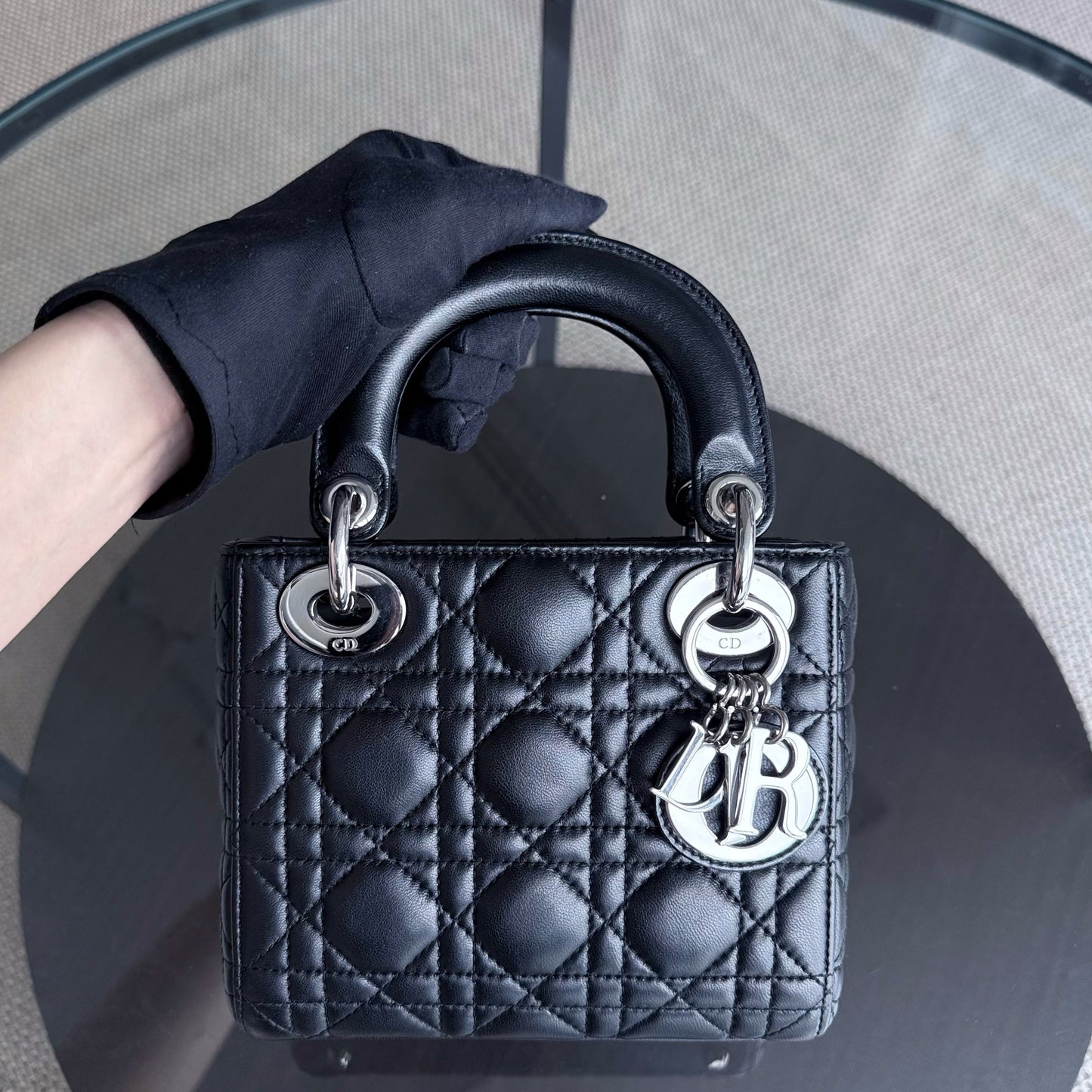 Dior Lady Mini - Cannage Lambskin Black Silver Hardware Chain Strap