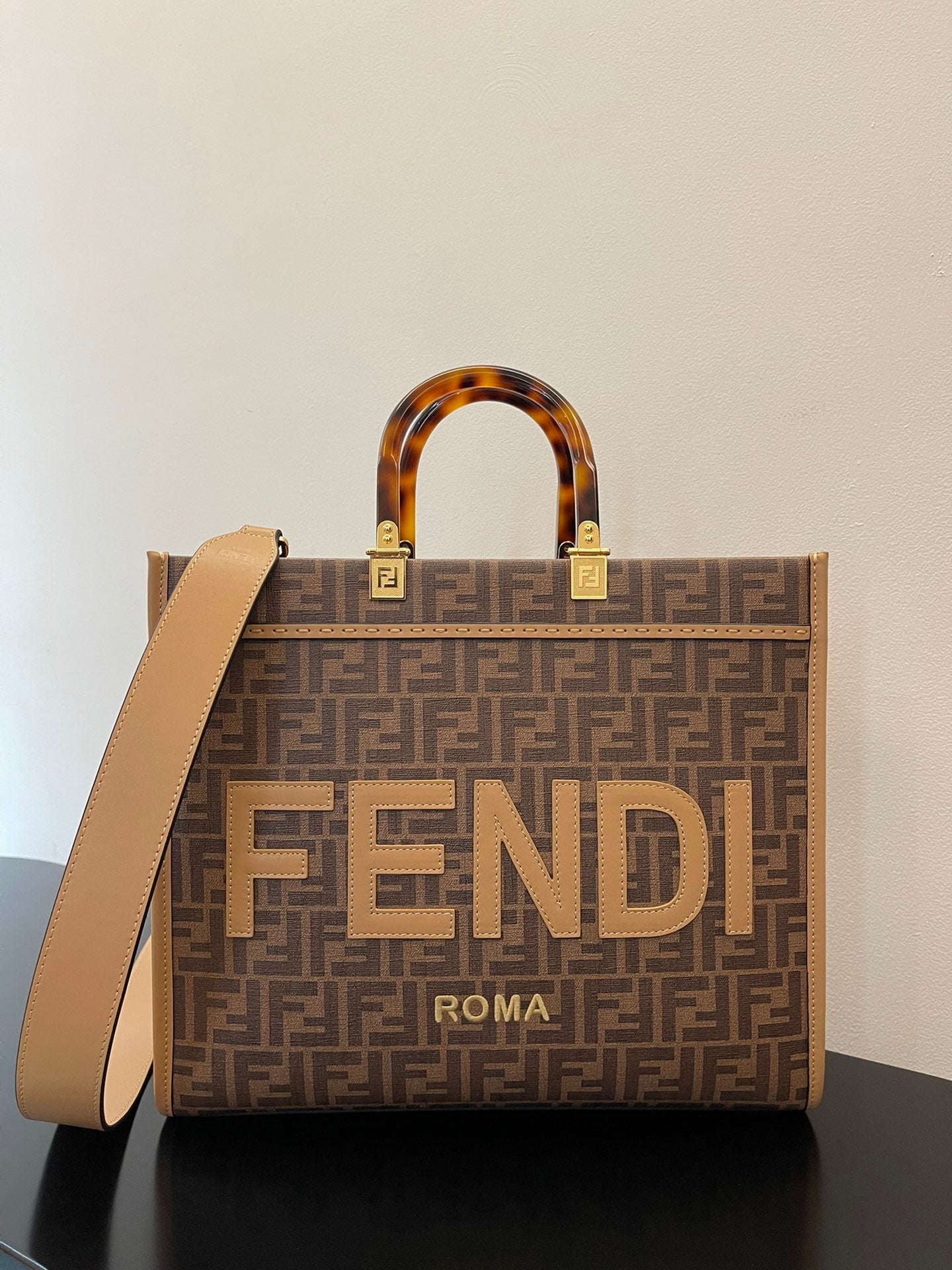 Top QualityTop Quality Sunshine Medium Brown FF jacquard fabric shopper Bag For Woman 31cm/12in