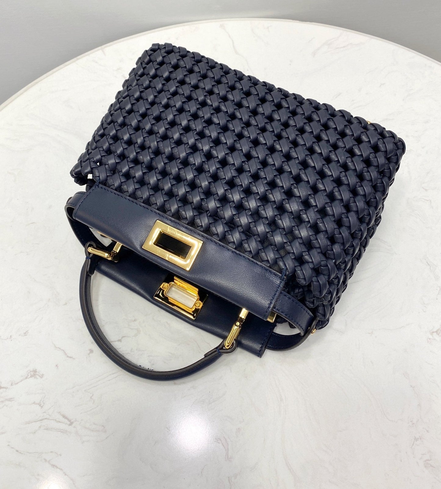 Top QualityTop Quality Peekaboo Mini Navy Blue Braided Bag For Woman 18cm/7in