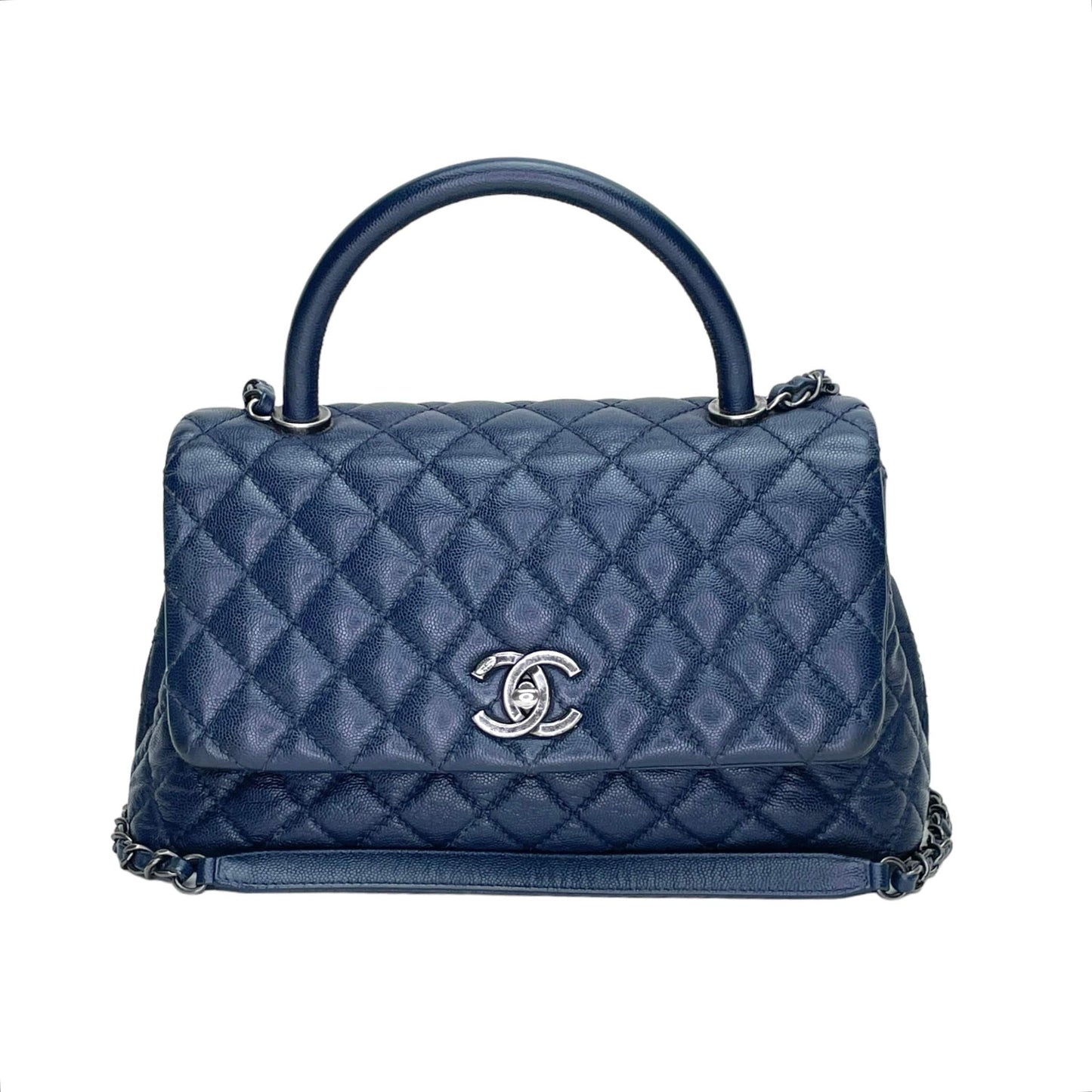Chanel  Coco Top handle bag Blue in Caviar leather, Ruthenium Hardware C2406457AN