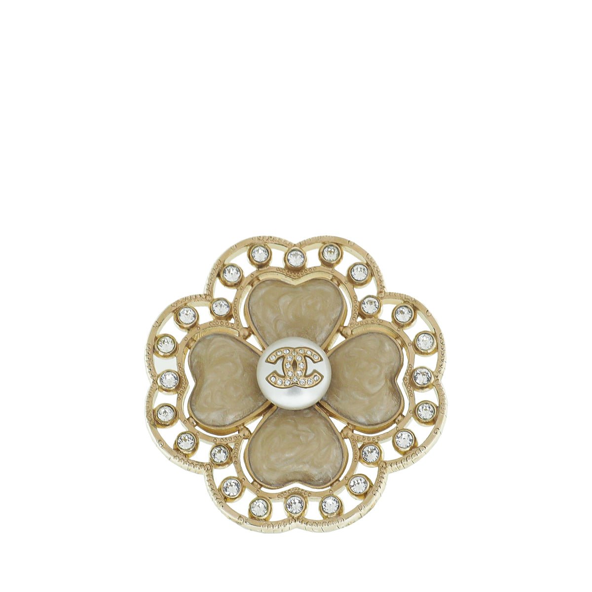 Chanel Beige CC Flower Crystal Enamel Hearts Brooch
