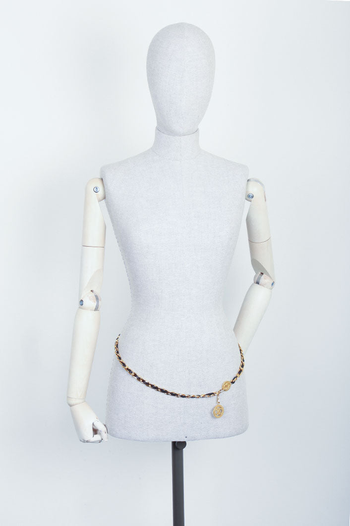 CHANEL Chain Belt with CC Pendant Gold & Black