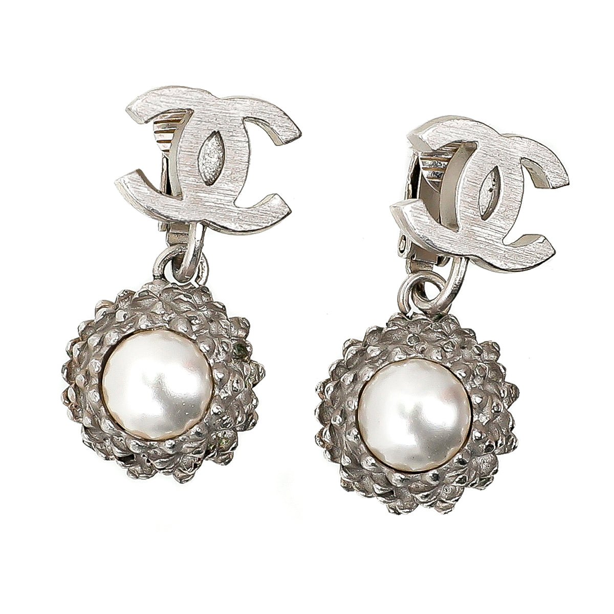 Chanel Bicolor CC Pearl Dangle Clip On Earrings